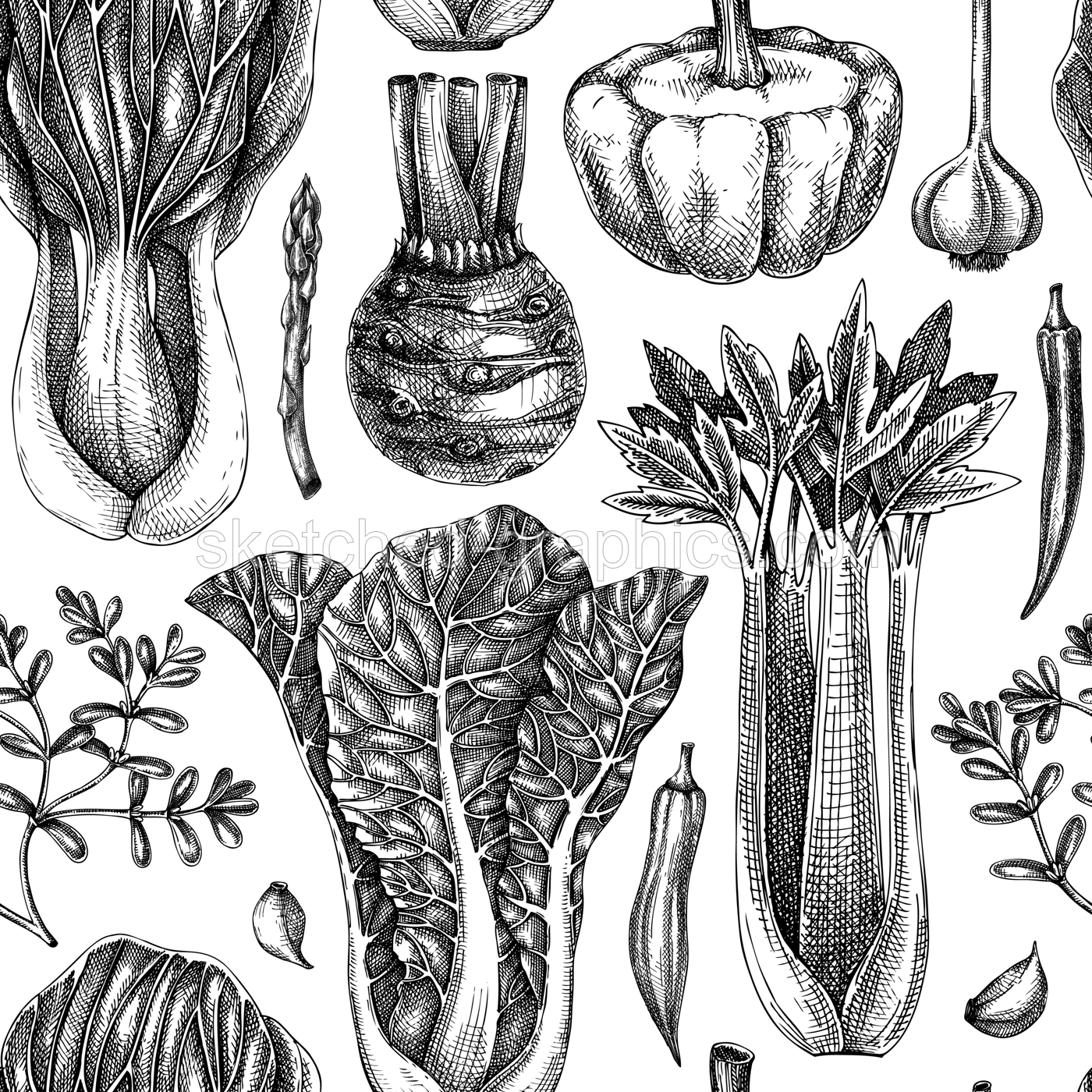 Hand-sketched vegetable background. Vector seamless pattern with hand drawn food elements. Vintage healthy plants in engraved style. Vegetables backdrop for wrapping paper, textile, packaging design Illustration
